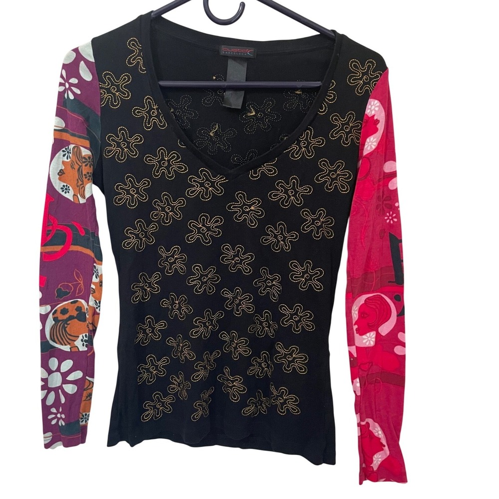 Custo Barcelona Vtg Y2K Long Sleeve V-Neck Cotton Top Euro Mixed Print Faces